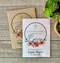 A white and brown seed packet with Faith Plants the Seed, Love Makes it grow, in Spanish